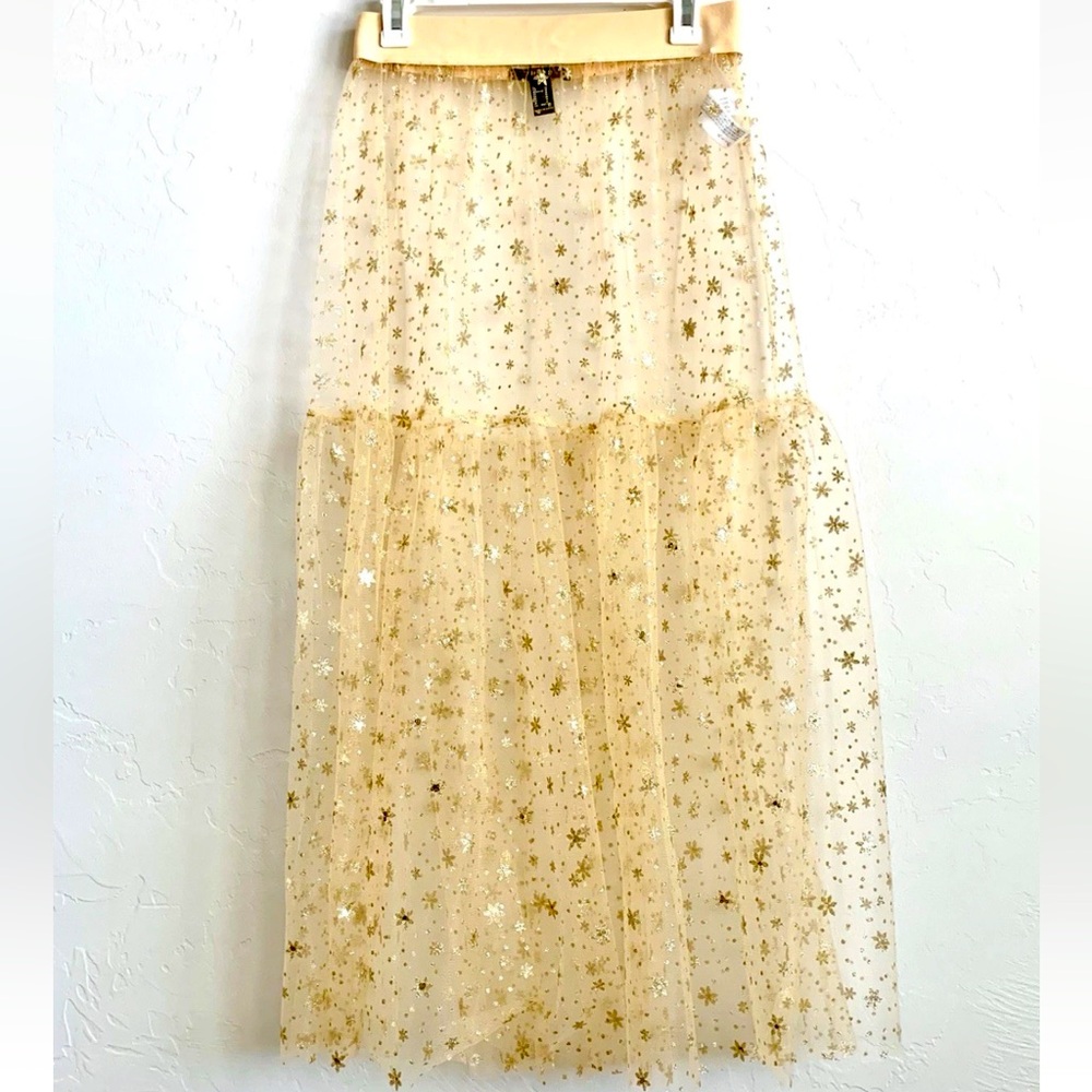 Plus Size-Forever 21 Gold Star-Print Tulle Sheer Tiered Maxi Skirt-Size 3X